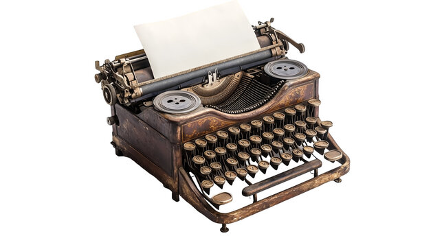 An old fashioned typewriter with a sheet of paper isolated on a transparent background, PNG 