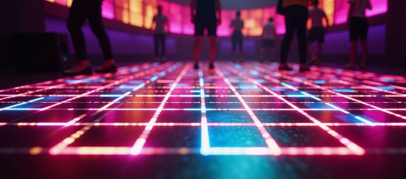 A futuristic neon-lit music club with a pulsating disco dance floor and vibrant three-dimensional colors emanating from the speakers