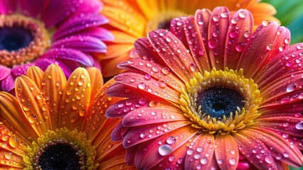 Closeup of vibrant flowers with glistening water droplets on petals, showcasing the beauty of nature's artistry.
