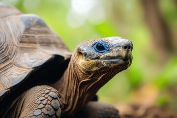 Obraz premium A close-up of a tortoise showcasing its textured shell and distinct features, surrounded by a lush, green background.