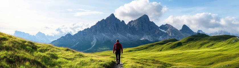 A solitary traveler walks on a lush green path, surrounded by majestic mountains under a bright sky.