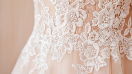 Close-up of elegant evening dress fabric, intricate lace and beadwork details