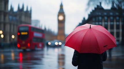 A person holding a red umbrella stands in the rain near Big Ben in London, with a red bus and blurred street scenes in the background.