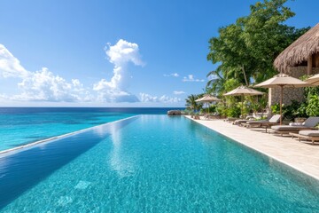 Obraz premium A stunning infinity pool overlooking a tropical sea, framed by palm trees and sun loungers under bright blue skies.