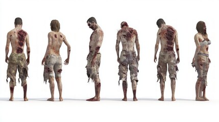 Fototapeta premium Zombie Figures Collection, a detailed 3D rendering showcasing a male and female zombie with tattered clothing, presented from multiple angles, emphasizing their eerie, decayed features.