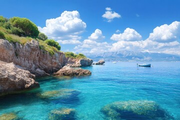 Fototapeta premium A serene coastal scene featuring clear blue waters, rocky shorelines, vibrant green vegetation, and fluffy clouds in a bright sky.