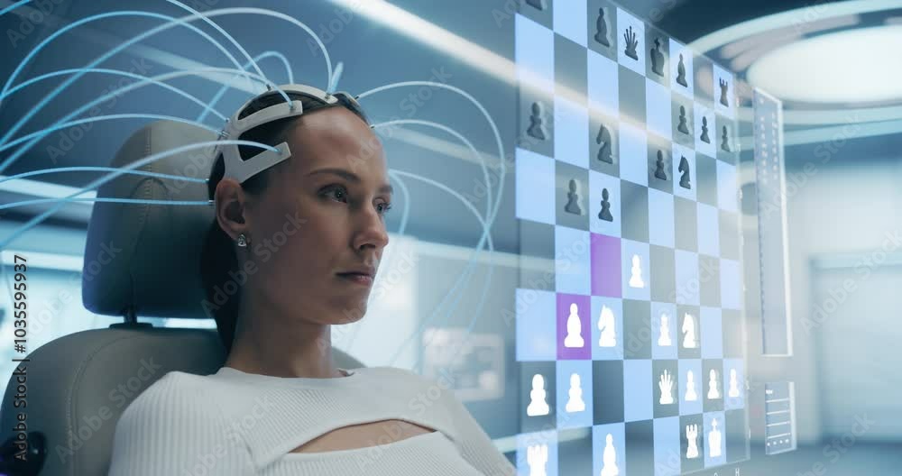 Poster Woman Uses a Neural Headset to Play Virtual Chess in a Futuristic Lab, Interacting With a Holographic Chessboard Interface, Highlighting Advanced Technology and Immersive Digital Experiences.