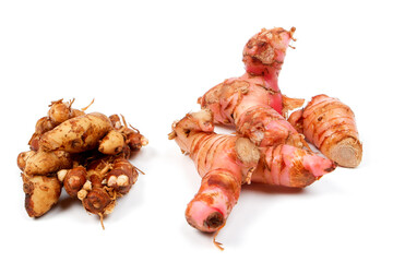 top view of aromatic ginger or sand ginger and Fresh galangal isolated on white background. spices or herb for cooking or traditional medicine