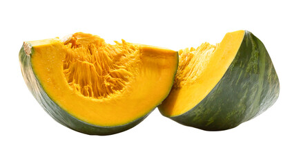 Side view of fresh green japanese pumpkin slices or pieces in stack isolated with clipping path in png file format