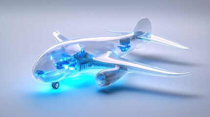 Implement mechatronic systems in aerospace engineering for flight control and stability enhancement. Transparent airplane model showcasing interior mechanics with glowing lights.