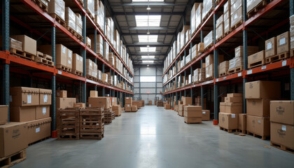Obraz premium Large warehouse interior with stacked boxes and shelves