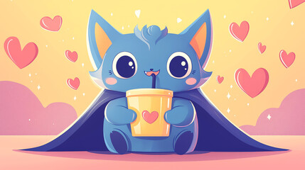 Fototapeta premium Adorable pastel colored vampire character sipping juice box, surrounded by hearts and cheerful background. This cute illustration evokes sense of joy and playfulness