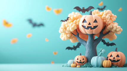 Naklejka premium whimsical 3D cartoon scene featuring haunted tree adorned with smiling bats and playful pumpkins, perfect for Halloween festivities. vibrant colors and cheerful expressions create fun and festive