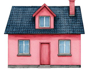 A quaint pink house with a slanted roof, two windows, and a central door