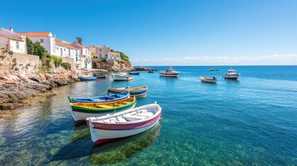 A picturesque coastal scene with colorful boats anchored in clear blue waters, framed by charming waterfront buildings under a bright sky.