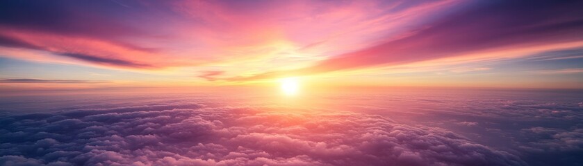 Obraz premium A breathtaking sunset over the horizon, casting vibrant hues of pink, orange, and purple across the sky, illuminating the clouds.