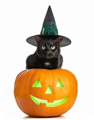 Black cat in witch hat on pumpkin
