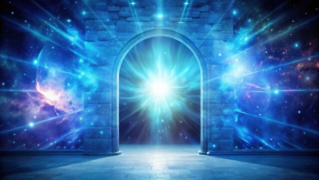A stone archway leads to a glowing portal, revealing a starry night sky with celestial bodies and ethereal light beams.