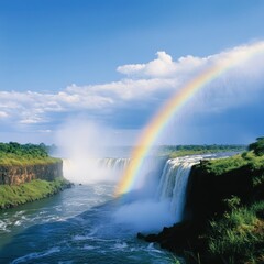 Fototapeta premium A stunning landscape featuring a majestic waterfall with a vibrant rainbow arcing over the mist and a bright blue sky above.