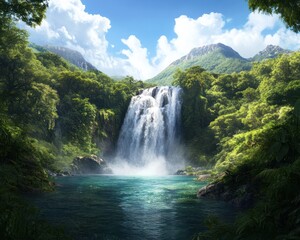 Fototapeta premium A serene waterfall cascades into a lush green pool, surrounded by vibrant foliage and majestic mountains under a bright blue sky.