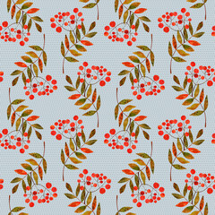 Rowan pattern with leaves and red berries. Endless texture with dots on grey background.