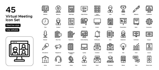 Virtual Meeting Line Icon Set: Video Conferences, Team Collaboration, and Online Networking Icons