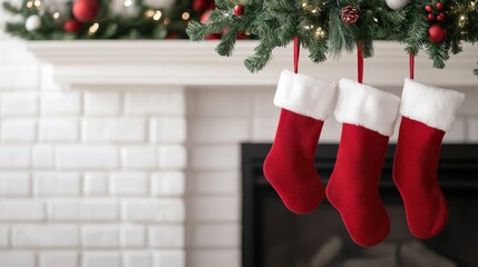 Christmas stockings filled with gifts, hanging by a decorated fireplace