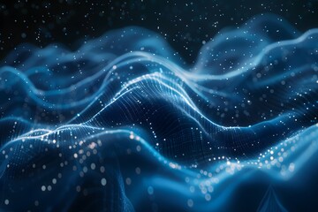 Ethereal Blue Waves of Light and Data Flowing in a Digital Landscape