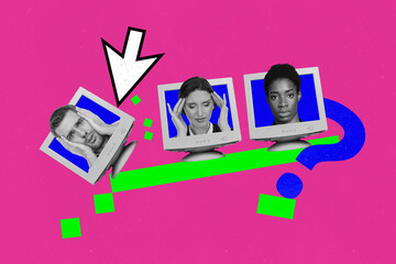 Creative photo collage young employees business management computer monitor screen cursor stress migraine headache panic problem dilemma