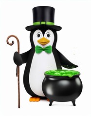 Penguin in a top hat with a cauldron