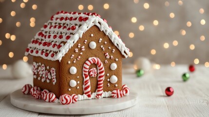 Gingerbread house decorated with icing and candy, surrounded by Christmas lights