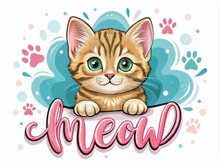 Adorable Meow Vector Art with Cat Paw Print - Cute Kitten Slogan Poster for Pet Lovers