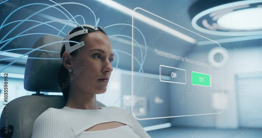Poster woman in a white top uses a neural headset to interact with a virtual interface displaying a questio