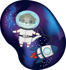 Vector illustration of otter astronaut. Cartoon cute otter astronaut sticker.