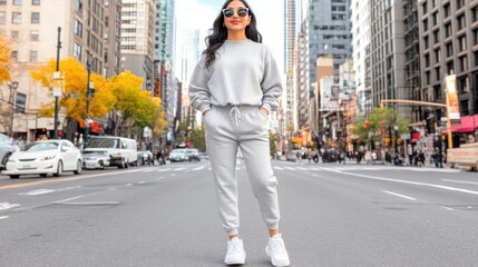 A model strolls confidently down a Paris street during fashion week, sporting a chic casual outfit of gray sweatpants and a loose sweatshirt