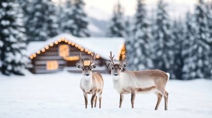 Obraz premium Reindeer grazing near a snow-covered cabin, Christmas lights twinkling on the trees