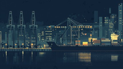 Busy Seaport at Night with Cranes and Container Ship