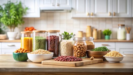 A kitchen counter with glass jars filled with different types of beans, lentils, and grains, bowls with various types of pasta, and a cutting board with a wooden spoon