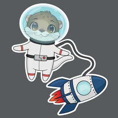 Otter astronaut. Cartoon cute otter astronaut sticker.
