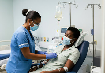 Obraz premium Healthcare worker assisting patient in a hospital room during treatment in a calm clinical environment with medical equipment present