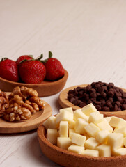 menu snack ingredient photo chocolate chips strawberry walnut cheese dessert sweet food kitchen set