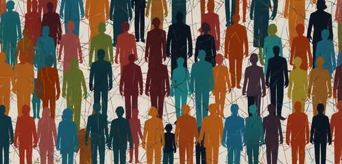 colorful illustration of A chain of figures of people connected by lines. Cooperation and interaction between people. Dissemination of information in society, contacts, connections. Social contacts