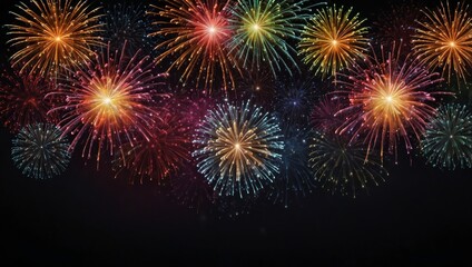 Colorful fireworks with wide dark copy space