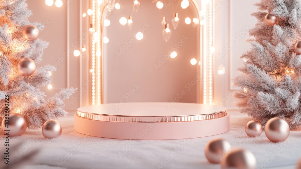 Poster a beautifully arranged festive display features glowing trees adorned with ornaments, a circular pla