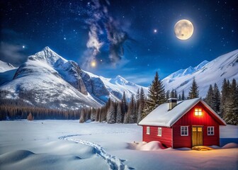 Fototapeta premium Tranquil Red Cabin in Snowy Mountains Under Moonlit Night Sky