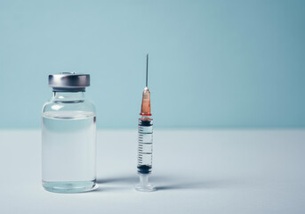 A vial of clear liquid and a syringe ready for medical use in a clinical setting during daylight hours