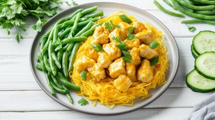 A colorful plate featuring chicken, noodles, green beans, and cucumber slices.
