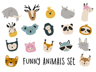 Funny animals set. Hand drawn cute faces of wild and farm animals. 
