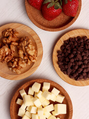 menu snack ingredient photo chocolate chips strawberry walnut cheese dessert sweet food kitchen set
