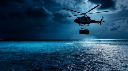 Helicopter Delivering Cargo Over Water at Night